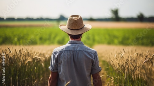 View from behind of a farmer in a wheat field