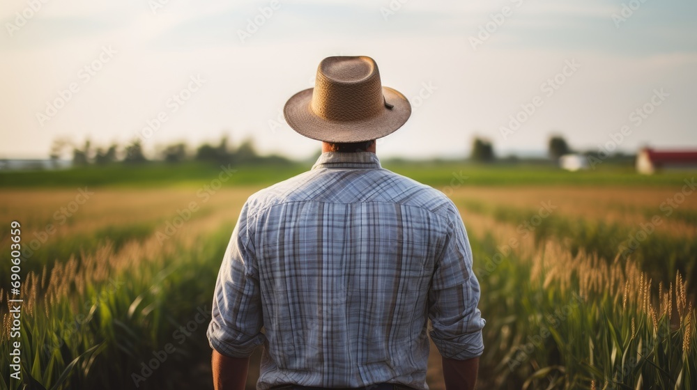 View from behind of a farmer in a wheat field View from behind of a farmer in a wheat field