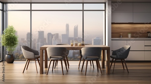 Four grey chairs around table in dining room, side view, near a big window with city view. Modern new wooden kitchen design and wooden floor, parquet © Classy designs