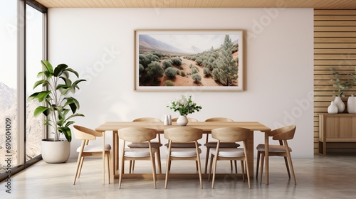 Framed photo on a white wall in an open space dining room and kitchen interior with modern, wooden furniture and plants © Classy designs