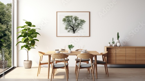 Framed photo on a white wall in an open space dining room and kitchen interior with modern  wooden furniture and plants