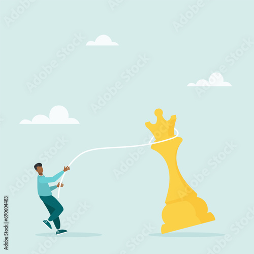 Victory over a competitor, business planning strategy in the market, vision or influence of management or leader on decision making. The guy knocks down the figure. Vector illustration.

