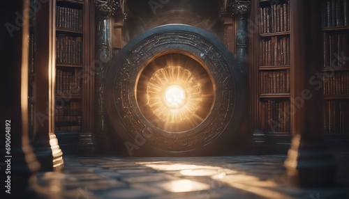 Light streaming through round door in library, knowledge and mystery concept photo