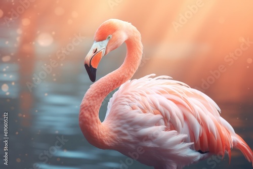 pink flamingo at pastel peach color sunrise in water