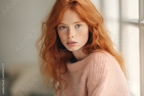 beautiful red hair ginger woman with freckles wearing pastel peach sweater of peach fuzz color of the year 2024.