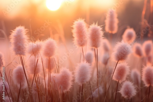 fuzzy pampas grass at pastel pink sunrise background of color of the year 2024 peach fuzz  photo