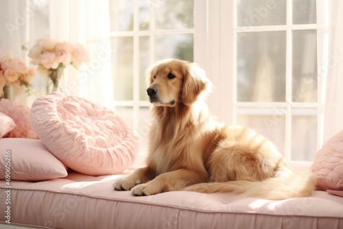 golden retriever dog lying on pastel peach bed of the color of the year 2024 peach fuzz at minimal home interior