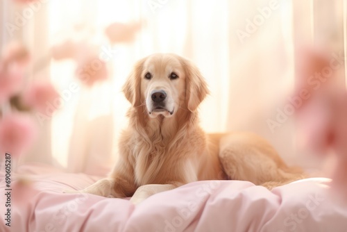golden retriever dog lying on pastel peach bed of the color of the year 2024 peach fuzz at minimal home interior