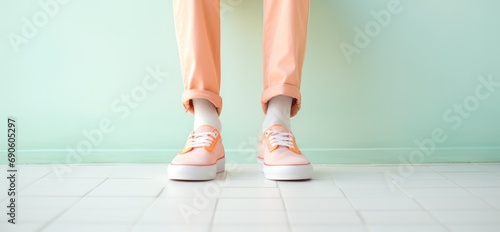 guy wearing sneakers and pants of peach fuzz color of the year with mint wall as background. Pastel pink orange trendy colour. Fashion and style.