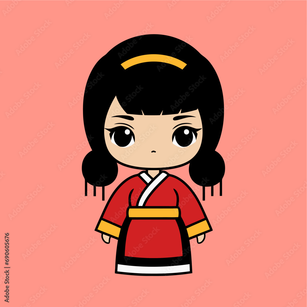 Cute Cartoon China Silk Doll Minimal Illustration