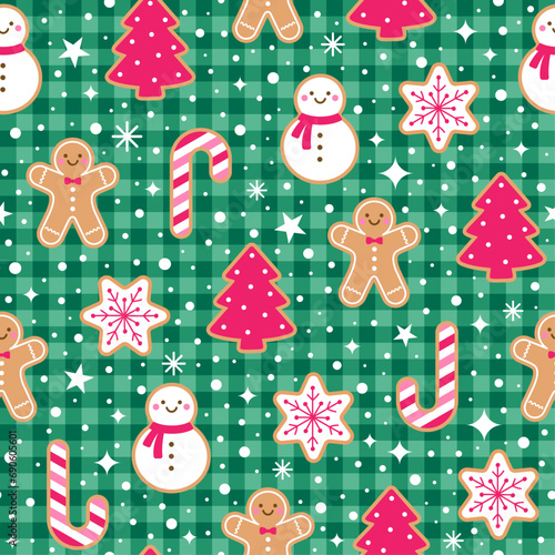 Cute cookies and snow with plaid pattern design for christmas holidays background.