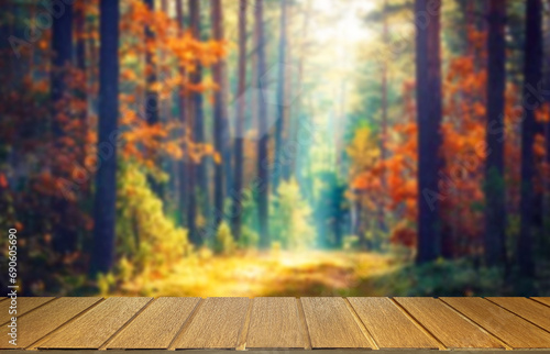 Wooden table top on blur green forest or gardent.Fresh and Relax concept.For montage product display or design key visual layout.View of copy space.