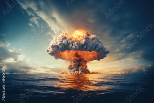 An apocalyptic explosion, a nuclear mushroom causes fiery destruction, causing a global catastrophe of annihilation.