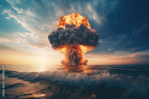 The fiery armageddon of nuclear war: a mushroom cloud at sea, a catastrophic explosion and global destruction. © Iryna