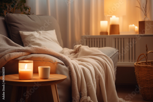 Closeup of a Cozy living room with warm lighting and soft blankets.Minimalistic --ar 3:2 --v 5.2 Job ID: 93f16a97-48a9-48a7-86e4-01088ab1fe78
