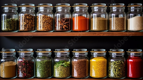 Close-up of a variety of spices and herbs in glass jars on a kitchen shelf. --ar 16:9 --v 5.2 Job ID: ebc5ab60-686f-49ed-8c28-d19d0301a5ef