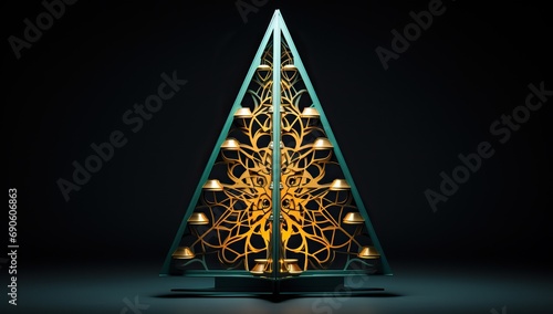 A modern Christmas tree with a golden pattern on a dark illuminated background, demonstrating festive mood and innovation.