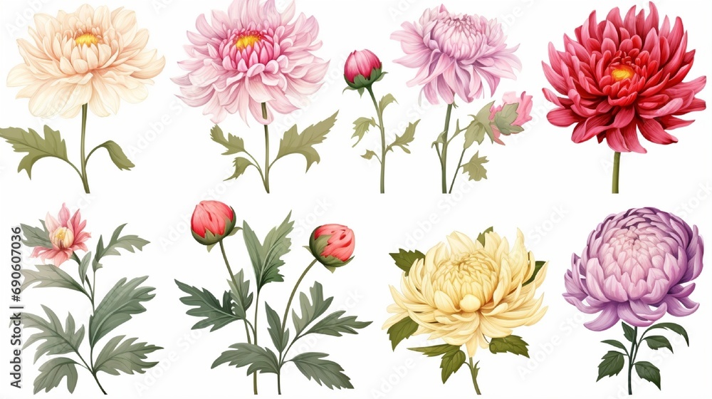Fototapeta premium Set of botanical flowers chrysanthemum and peonies Vector hand draw vector graphic for your design.