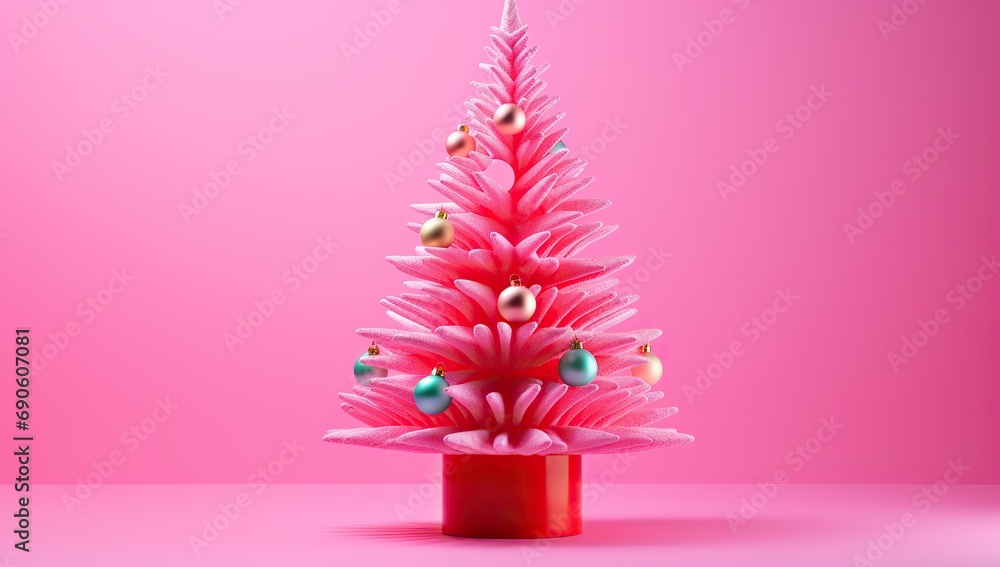 A pink Christmas tree with baubles against a pink background.