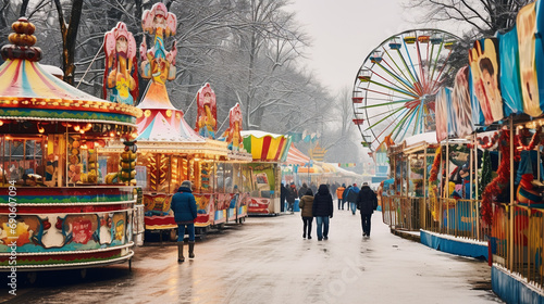 A winter carnival with colorful rides and attractions, AI Generative.