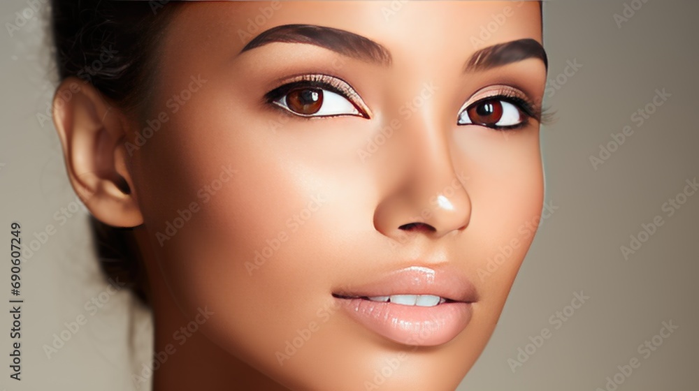 Fototapeta premium Close-up of a woman's face with flawless, radiant skin. Her complexion is smooth, even-toned, and free from blemishes. Her skin appears hydrated, glowing, and reflects light naturally