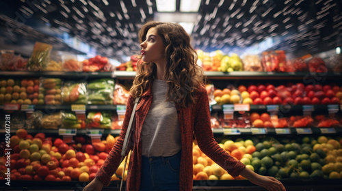 Portait of a woman shopping for groceries fruits and vegetables in a grocery supermarket store aisle, inflation food prices concept --ar 16:9 --v 5.2 Job ID: ae789078-0061-4fe2-9010-d74ebb63ca6d photo