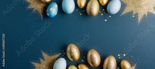 Beautiful gold and blue easter eggs with golden glitters on a blue background with copy space. Easter egg background with copy space.