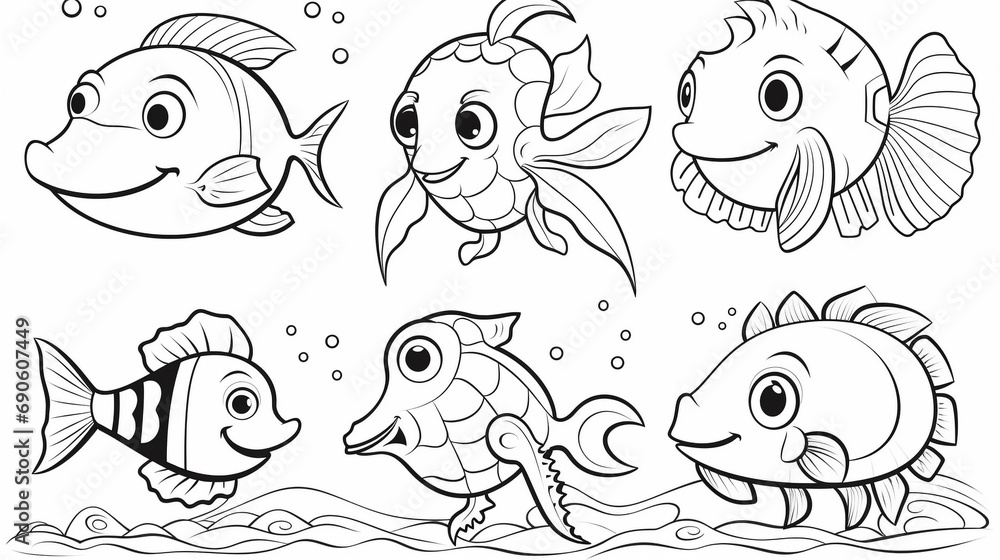 Fototapeta premium Sea animals - cute Crab lobster, Dolphin, Turtle, Seahorse and Fish, simple thick lines kids or children cartoon coloring book pages. --ar 16:9 --v 5.2 Job ID: 8bff58a9-7268-4b05-b256-ed10354544d5