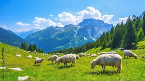 Sheep on alpine pasture in sunny summer day.