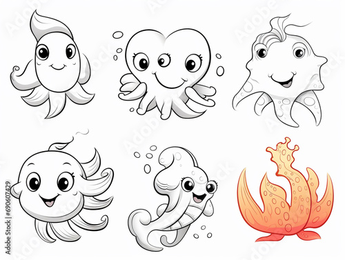 Sea animals - cute Crab lobster  Dolphin  Turtle  Seahorse and Fish  simple thick lines kids or children cartoon coloring book pages. --ar 4 3 --v 5.2 Job ID  0b29a000-7e56-46e4-899c-c65a27e99760