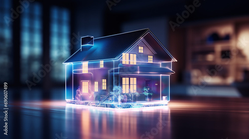 small hologram of a modern house, smart home concept --ar 16:9 --v 5.2 Job ID: 8cdd409f-ff65-43b6-a3d7-e3d03c794461 photo