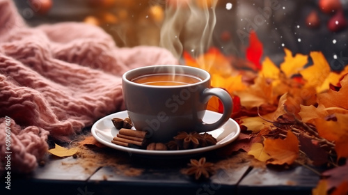 Warming autumn drinks in cold rainy weather, hygge concept, realistic photo, 8k --ar 16:9 --v 5.2 Job ID: a755c413-edfe-4fa0-8f2d-24f8dca2980a