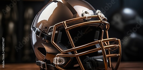 A football helmet with a bronze tint and mirrored visor protection on a dark background with light reflections.
