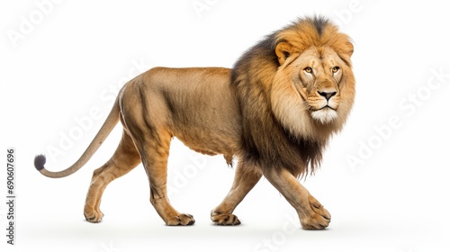 Side view of a Lion walking, staring at the camera, Panther a Leo, 10 years old, isolated on white.