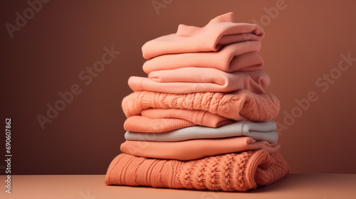 stack of cozy warm sweaters in peach fuzz color, ai