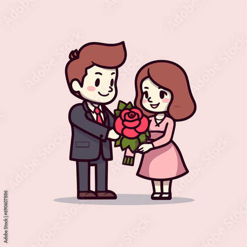cute Man holding flowers proposing to woman