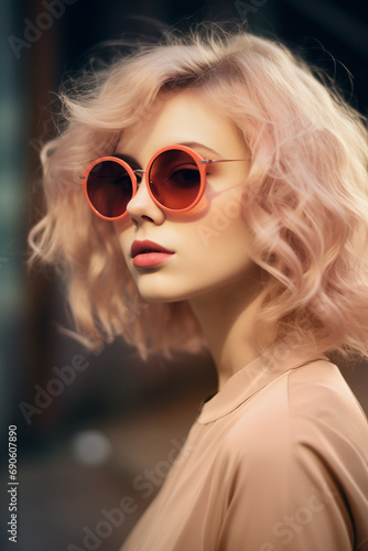 woman with sunglasses in peach fuzz color, ai generated