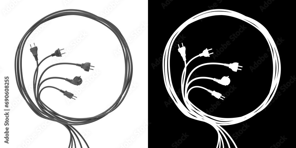 A bundle of wires with electrical plugs. Suitable for projects related to electricity, electrical wiring, technology, communication and network connectivity. 3D Illustration. RGB+Alpha channel. A bundle of wires with electrical plugs. Suitable for projects related to electricity, electrical wiring, technology, communication and network connectivity. 3D Illustration. RGB+Alpha channel.