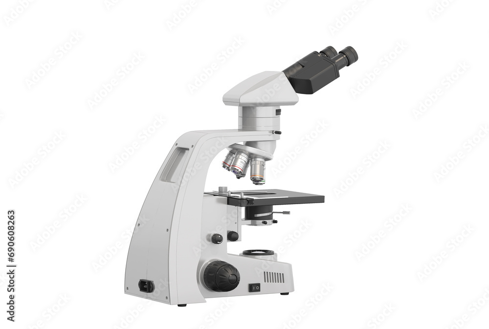 Realistic 3d illustration of a microscope. Pharmaceutical and educational tool. A magnifying tool for research. A symbol of science and chemistry. Isolated on white background Realistic 3d illustration of a microscope. Pharmaceutical and educational tool. A magnifying tool for research. A symbol of science and chemistry. Isolated on white background