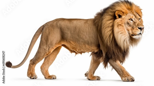 Side view of a Lion walking  staring at the camera  Panther a Leo  10 years old  isolated on white.