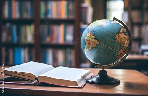 a globe sitting on top of a book on tables