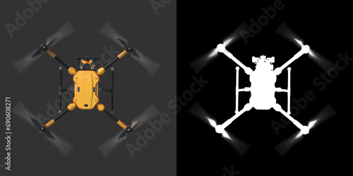 A modern aerial drone (quadcopter) with remote control, flying with an action camera. Top view. Orange color. Isolated on black background. 3d illustration.