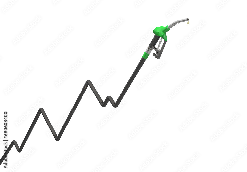 Gasoline pump hose and nozzle. The hose is shaped like a graph with an upward trend, possibly representing an increase in fuel consumption or prices. 3d illustration. Isolated on white background. Gasoline pump hose and nozzle. The hose is shaped like a graph with an upward trend, possibly representing an increase in fuel consumption or prices. 3d illustration. Isolated on white background.