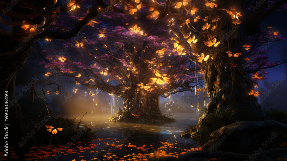 Magical glowing tree with fireflies