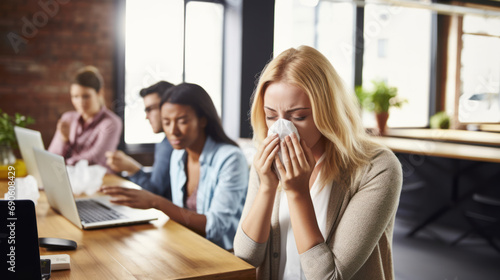 Ill woman sneezing in office, spreading disease