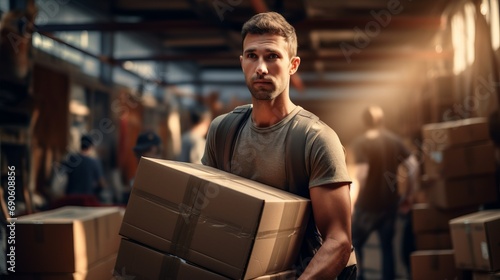 man carrying a cardboard box in a room with other boxes. photo