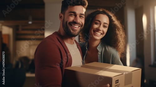 happy young couple, carrying large box during a move