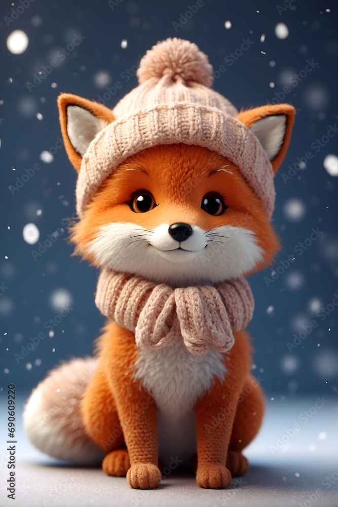 cute little fox wearing knitted winter hat. huge big round eyes. snowflakes around cartoon style.