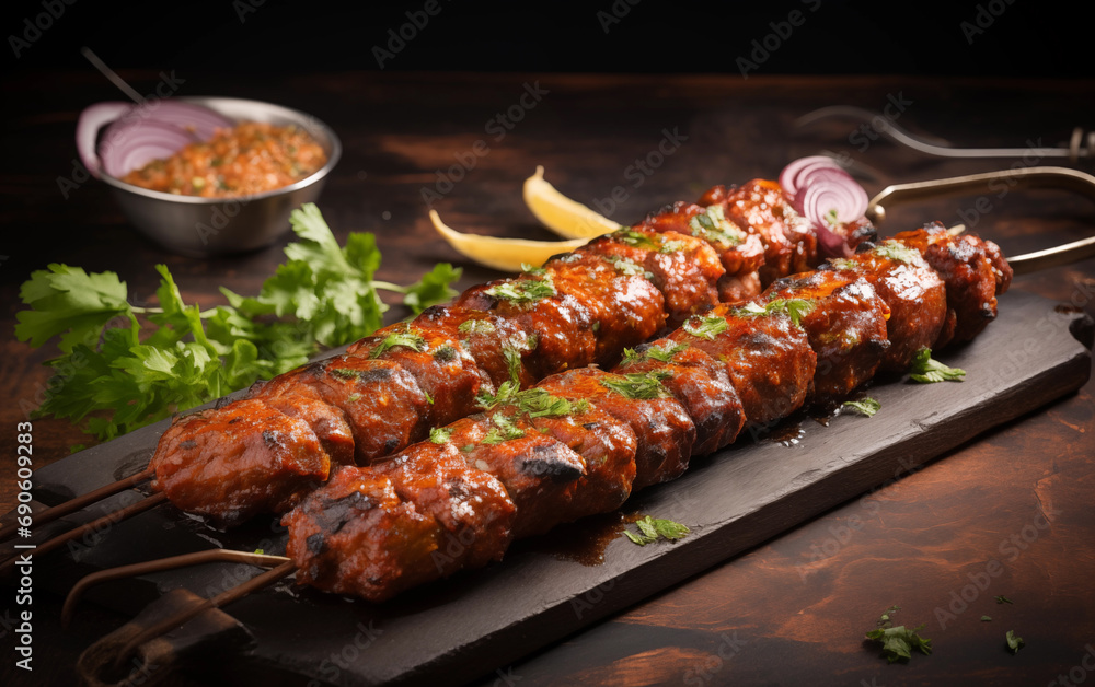 Seekh Kebab Platter on a Dark Background and Garnished with coriander leaves, lemon, and sauces