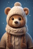 cute little bear wearing knitted winter hat. huge big round eyes. snowflakes around cartoon style.	